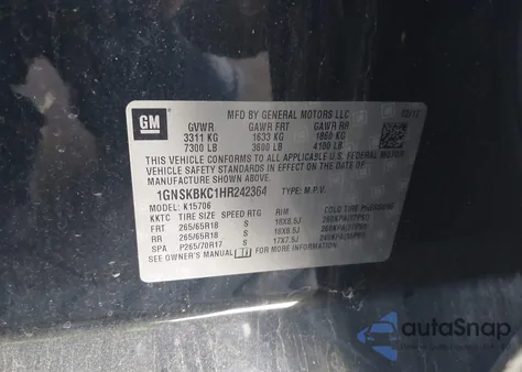 2017 Chevrolet Tahoe Lt from USA, damaged, VIN 1GNSKBKC1HR242364